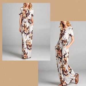 LOVE KUZA~SILKY KNIT FLORAL PRINT MAXI DRESS~POCKETS~GRAY W/BROWN,ORANGE~SMALL